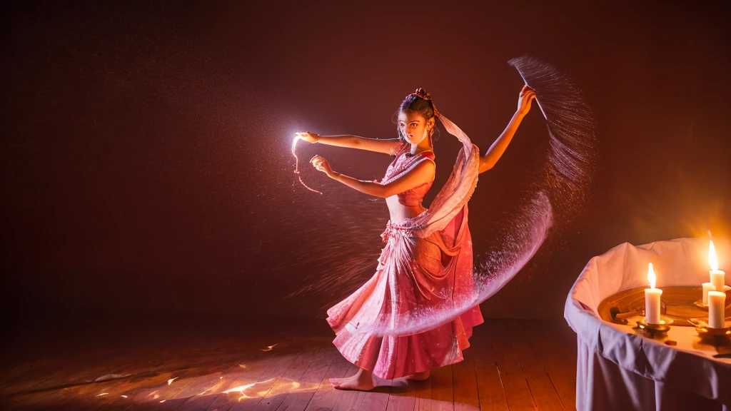 create a hyper realistic image of A beautiful young girl wearing glossy deep pink colour dancing in the middle of emerges from the spirals of a pencil shaving, surrounded by a lit candle, embodying the fusion of art and motion. background glossy purple colour palace with big pillars, golden statue,ultra HD 64k hyperrealism studio lightning