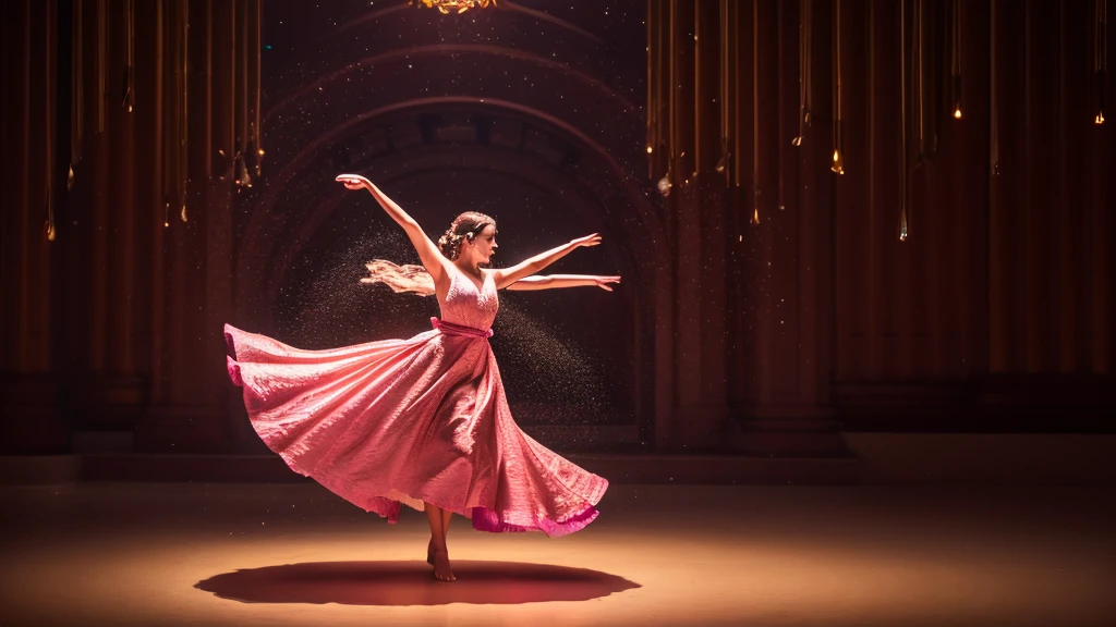 create a hyper realistic image of A beautiful young girl wearing glossy deep pink colour dancing in the middle of emerges from the spirals of a pencil shaving, surrounded by  a lit candle, embodying the fusion of art and motion. background glossy purple colour palace with big pillars, golden statue,ultra HD 64k hyperrealism studio lightning
