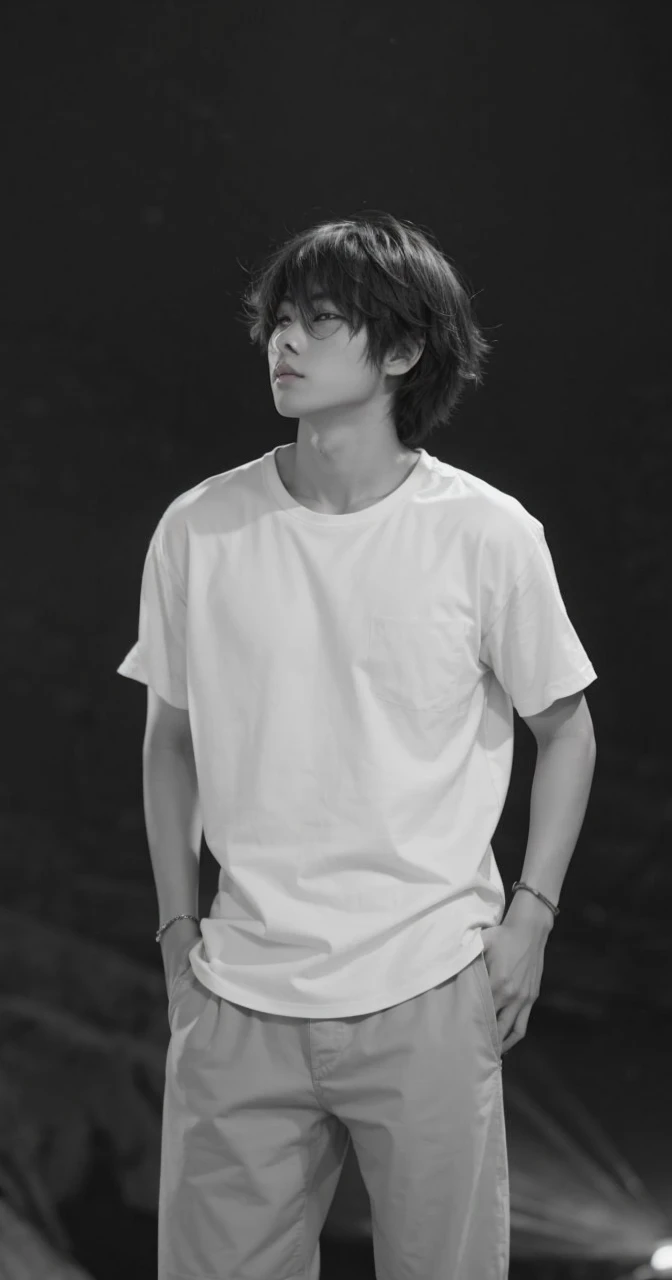 Asian boy in a dark room without a shirt