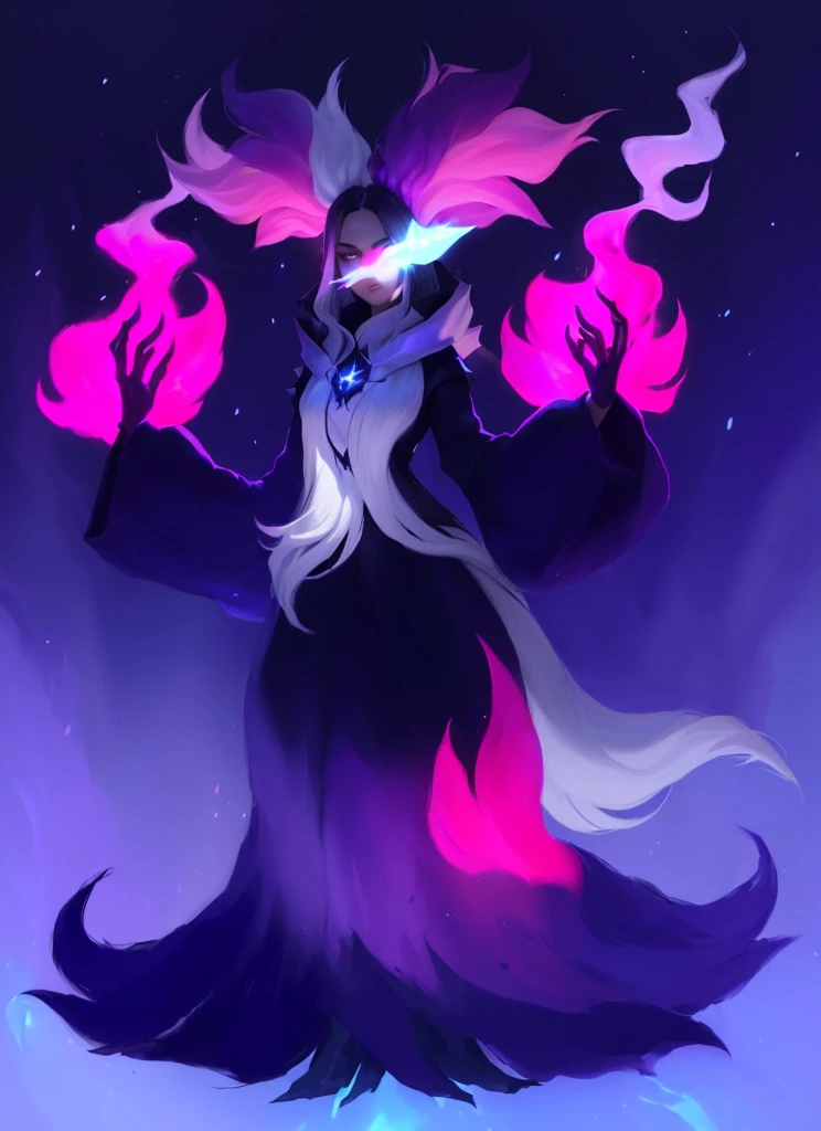 A closeup of a cartoon character with long hair, dark fox wizard, pira, Aura of darkness, painted in the arcane style, arcane art style, full portrait of elementalist, /!\ the sorceress, Glowing black aura, dark sorceress full view, evil aura, sorceress, Pokémon