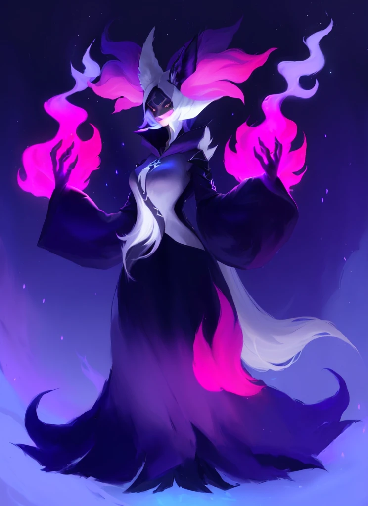A closeup of a cartoon character with long hair, dark fox wizard, pira, Aura of darkness, painted in the arcane style, arcane art style, full portrait of elementalist, /!\ the sorceress, Glowing black aura, dark sorceress full view, evil aura, sorceress, Pokémon