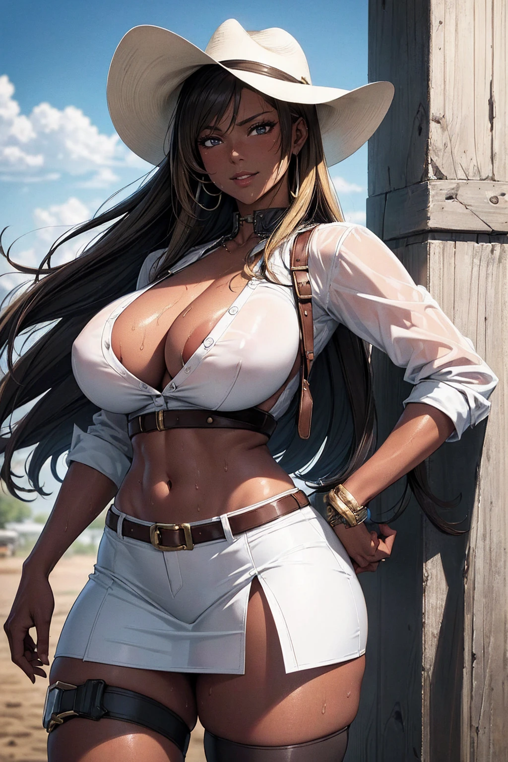 (masterpiece), best quality, highly detailed faces, (SHARP details), 4k, highly detailed, expressive eyes, SHARP detail expressive eyes, (SHARP detail perfect face), ((dark skin)), ((blonde hair)), amber eyes, wild tomboy hair, smiling, standing, (wearing gunslinger outfit), 20 years old, , ((solo)), nice hips, curvy, tall woman, ((sweat)), outdoors, (wearing white button s), (wearing a cowboy hat), white short skirt, thighhigh boots, (cowboy), belt, gunholster in belt, (wearing a tight vest), piercings, midriff, (female cowboy), earrings on bunny ears, (full body shot), wild west setting, (tifa lockheart cowboy outfit),