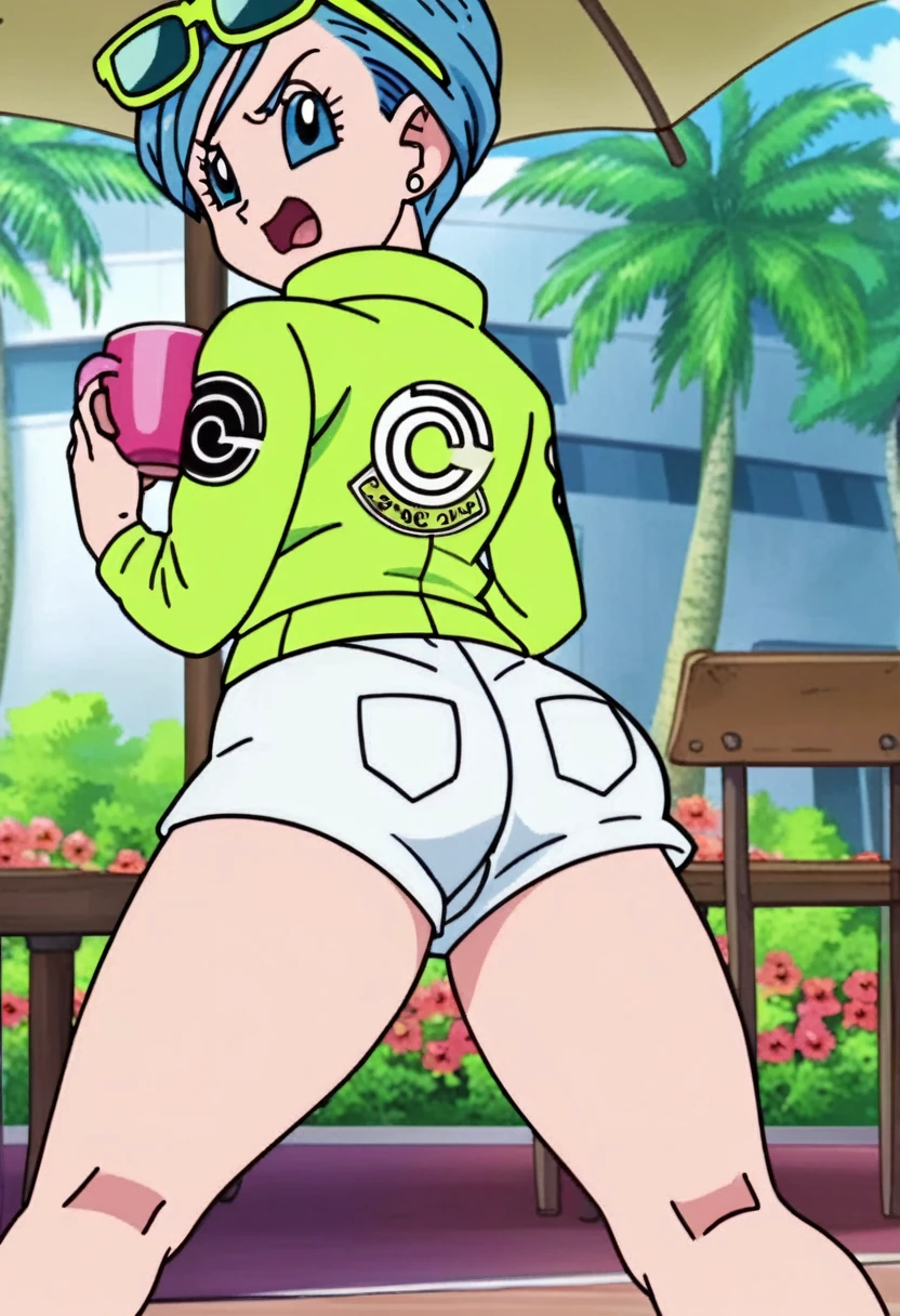 source_anime, score_9, score_8_up, score_7_up, anime screencap,8k, absurd res,
bulma, 1girl, solo, angry, short hair, open mouth, blue eyes, jewelry, blue hair, flower, :d, earrings, shorts, tree, cup, sunglasses, eyewear on head, white shorts, palm tree, two tone jacket, yellow sleeves, purple jacket, print jacket, from behind, looking back at another, official style, fat legs, fat ass,
