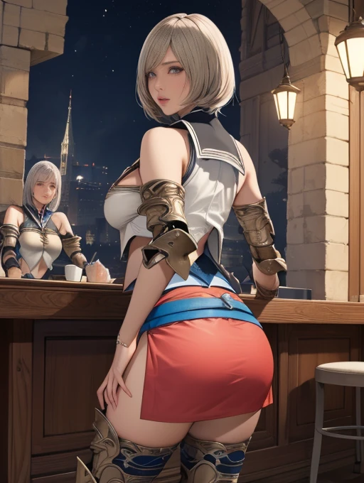 (masterpiece, best quality), looking back,A group of female adventurers set in a medieval fantasy world.３people,Dancer、 (At the pub), Mr..々Hairstyle, Harem, night, detailed aspects, Asheria:1.5, Asheria:1.3, short hair, Bobcut, Very short pleated mini skirt with embroidery pattern, Seduce, Sleeveless, armor 、Shoulder Armor、show off butterfly micro panties:1.25、Big Breasts、Big Ass、Wide waist、Pull up their skirts,Knee socks,