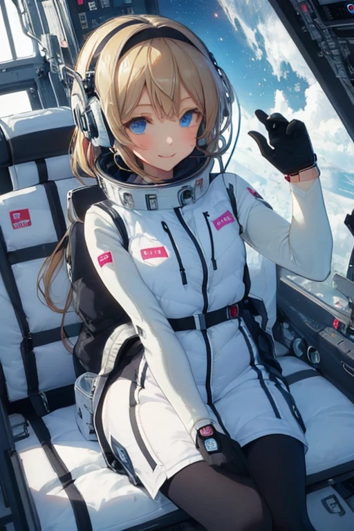 masterpiece, highest quality, high resolution, breasts, 20yo,1 girl,(solo):2,,blonde hair,(inside space station):2,flying:2,floatong:2,zero gravity,wind:1.5,anime lovelive style,
BREAK
headphone,(futurstic tight-fit bodysuit):2,(shiny silver long downvest):100,(northface silver metallic puffy downvest):2,(puffy):2,(black sleeves):5,(black tights):2,(black belt),futuristic boots and gloves,(smartwatch):100,astrovest
BREAK
1 girls, sitting in spacecraft cabin with 4-point seat belt, securely fastened, space station interior, looking out of large windows at Earth below, beautiful eyes, she have aluminum foil pouch,(aluminum foil pouch with plastic viewing window):2, contains nutritious liquid or puree together, smiling and chatting, bright and cheerful expressions, high quality cinematic lighting, detailed textures, sharp focus,blue hair,blue eyes,