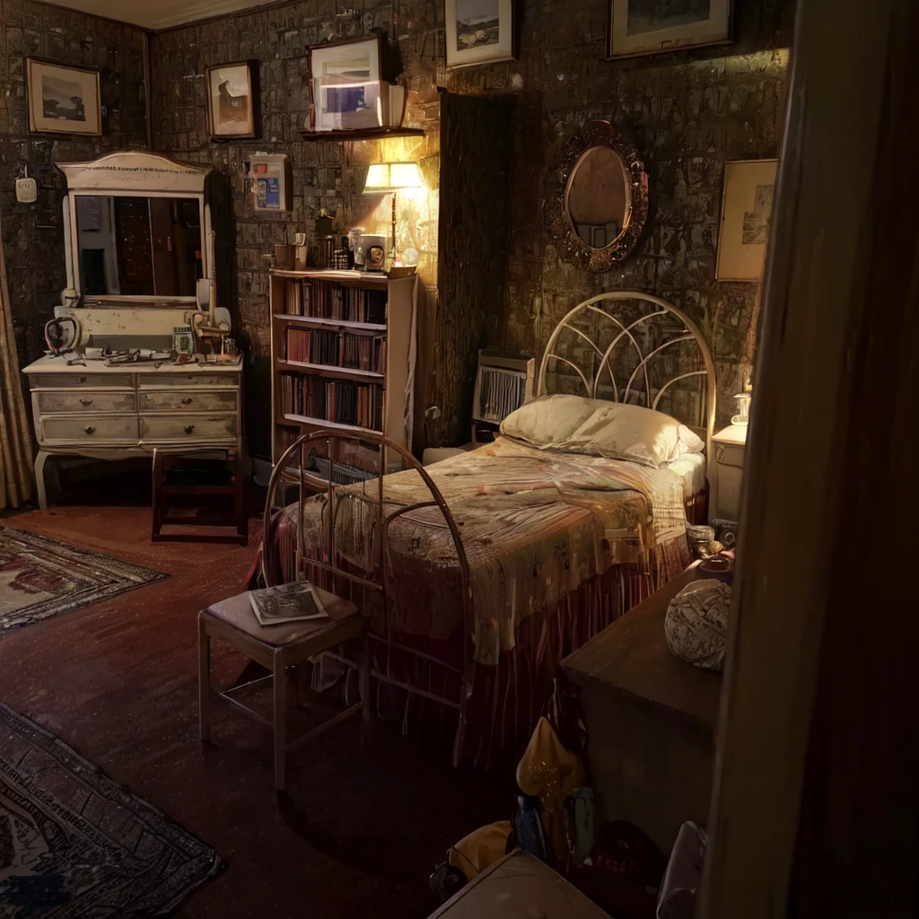 a cozy bedroom with warm soft lighting, nostalgic 90s room interior, wooden dresser on the left, wooden tableware set on a nightstand, dreamy and nostalgic atmosphere, high quality, photorealistic, 8k, ultra-detailed, realistic lighting, warm color tones, cinematic composition