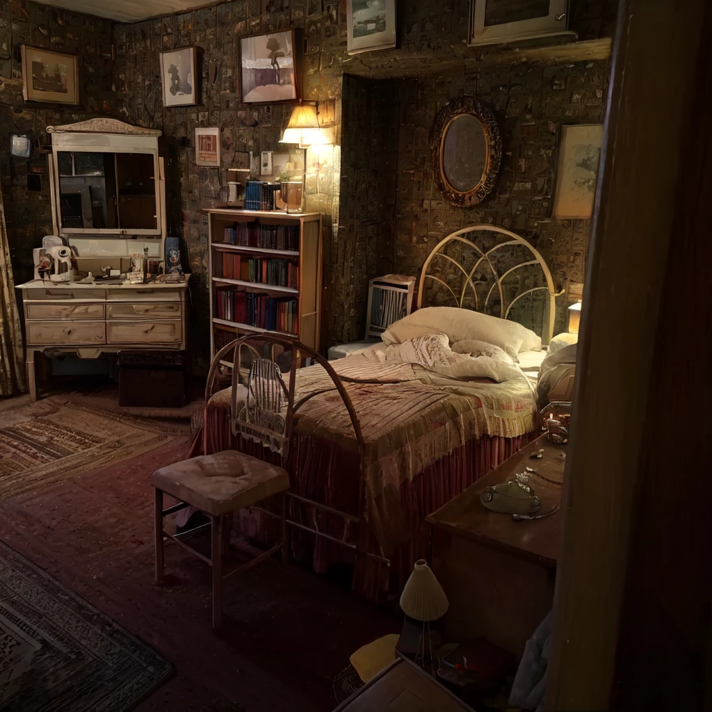 a cozy bedroom with warm soft lighting, nostalgic 90s room interior, wooden dresser on the left, wooden tableware set on a nightstand, dreamy and nostalgic atmosphere, high quality, photorealistic, 8k, ultra-detailed, realistic lighting, warm color tones, cinematic composition