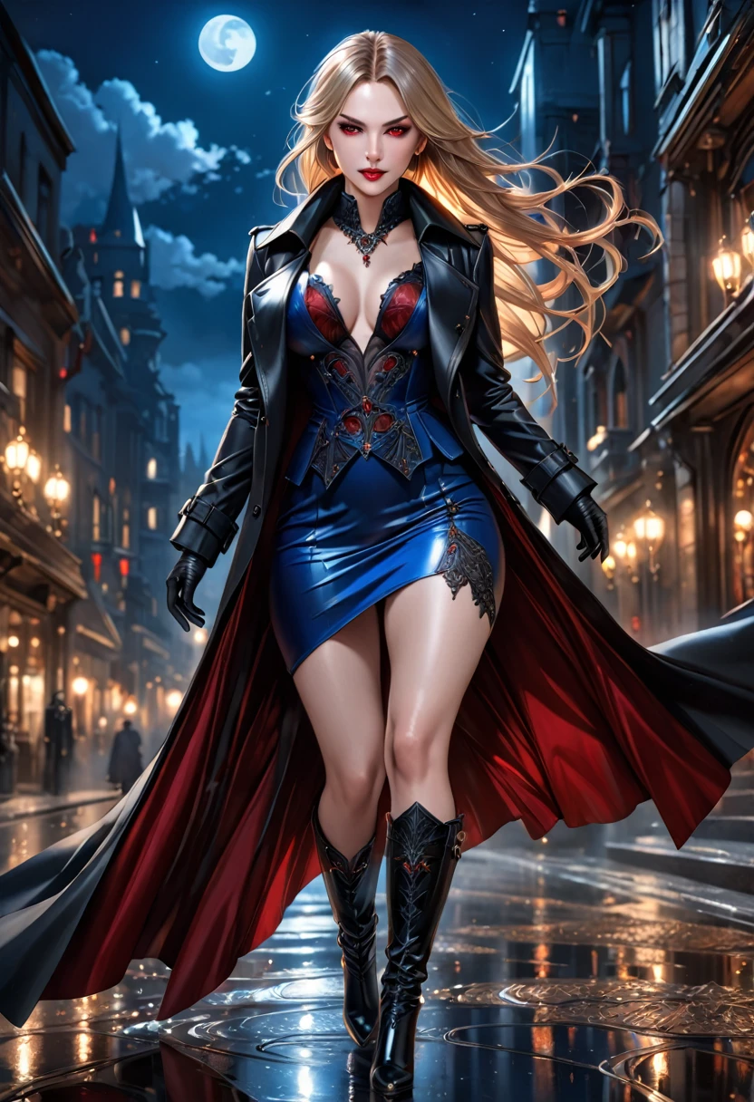 fantasy art, modern and gothic art, (masterpiece:1.5), full body best details, highly detailed, best quality,  highres, full body portrait of a female vampire (Masterpiece, best quality: 1.6), ultra feminine, with a long curvy hair, blond hair, (red:1.3) eyes, ((beautiful delicate face)), Ultra Detailed Face (wearing elegant glamour open black trench coat: 1.5) , (flowing black trench coat: 1.5), wearing an intricate (blue suit: 1.2)  (intricate details, Masterpiece, best quality: 1.3), high heeled boots, urban background (intense details, beat details), fantasy, at night light, natural ,moon light, clouds, gothic atmosphere, soft light, ((anatomically correct)), high details, best quality, 16k, [ultra detailed], masterpiece, best quality, (extremely detailed), dynamic angle, drkfntasy