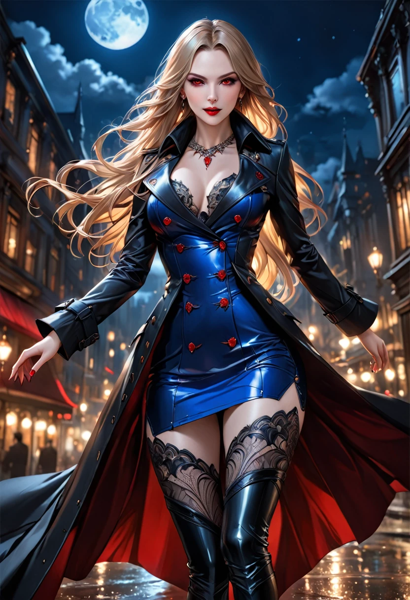 fantasy art, modern and gothic art, (masterpiece:1.5), full body best details, highly detailed, best quality,  highres, full body portrait of a female vampire (Masterpiece, best quality: 1.6), ultra feminine, with a long curvy hair, blond hair, (red:1.3) eyes, ((beautiful delicate face)), Ultra Detailed Face (wearing elegant glamour open black trench coat: 1.5) , (flowing black trench coat: 1.5), wearing an intricate (blue suit: 1.2)  (intricate details, Masterpiece, best quality: 1.3), high heeled boots, urban background (intense details, beat details), fantasy, at night light, natural ,moon light, clouds, gothic atmosphere, soft light, ((anatomically correct)), high details, best quality, 16k, [ultra detailed], masterpiece, best quality, (extremely detailed), dynamic angle, drkfntasy