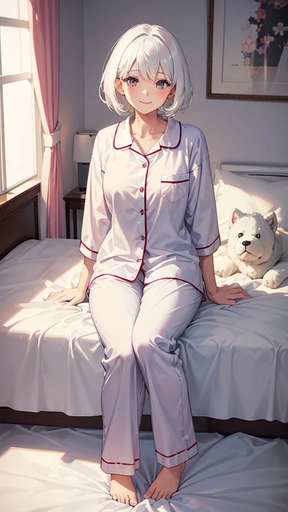 Beautiful girl, leaning forward on the bed, wearing pajamas, looking up, smiling, short white hair, big stuffed dog