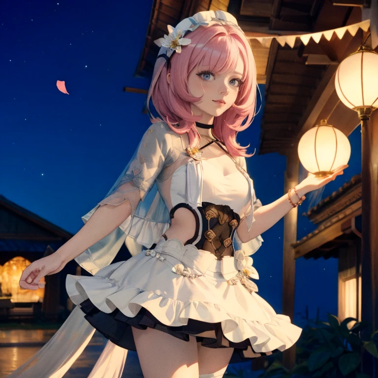 1 girl, ornament hair, perfectly body, perfectly hands, wave hair, pink hair, long hair, on garden, shrine scenery, red roses on focus, white lantern, white maid dress, more details on her clothes, white dress with transparency, night, smiling, cape,ornament hair, long hair, 1 girl, Looking at the viewer, flowing hair, Beautiful Eyes, Plump and glossy lips, maid, maid dress with too many frills, white dress, petals in the air, flowers, red roses, white laces, white Short skirt, Drape clothes, pink gem, Lace trim, temple, chinese festival of lanterns, luxury details, gold jewelry, more details, best quality, Big sparkling eyes, blushing, Striped Lace Stockings, white ta skirt, sparkle, solo, centered girl, cowboy shot, perfectly body, perfectly hands, two arms, two legs, two hands, five fingers, perfect anatomy, glowing hair, 1girl,maid dress, solo, flowing hair, floating hair, ornament hair, perfectly body, perfectly hands, on the garden, fireworks, more details on her clothes, dress with transparency, golden details on her dress, daylight, holding a rose, ((4k, masterpiece, top-quality)),8k, best quality, high resolution, HD, (illustration:0.8), super cute girl, delicate and beautiful face, mature girl, super cute hairstyle, (beautiful detailed eyes:1.6), extremely detailed face, perfect lighting, extremely detailed CG, (perfect hands, perfect anatomy), Best quality, cleavage, small skirt, full Body, two arms, two legs, two hands, five fingers