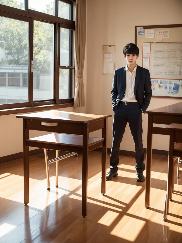 1 Korean age boy,multiple student in classroom, student president, handsome, turn half face, standing nude sideways turn back to viewer , showing his nude body, classroom, table, chair, sunlight,working guy,, full body shot