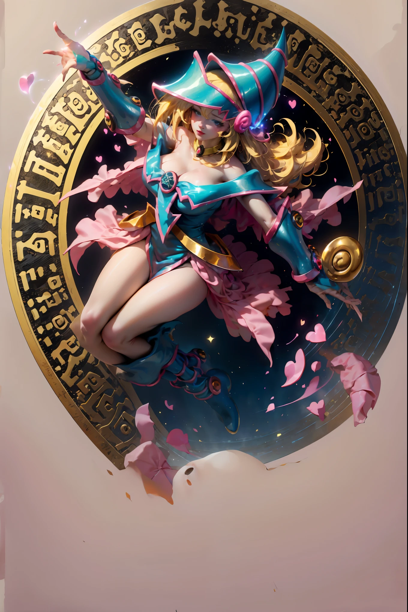 (Masterpiece:1.2), (The best quality:1.2), perfect lighting, Dark Magician Girl casting a spell, blue eyes. Red lips. Long blonde hair. floating in the air, big tits, neckline, magic background. Transparent hearts in the environment, From above, sparkles, Yugioh Card in the background. In heels . She wears heels.