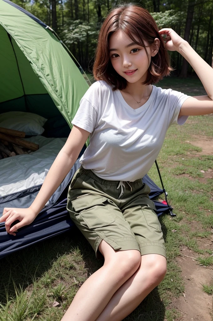 すっぴん、Camping tent, , ((full body)), ((photo)), ((best qualtiy, 8K, tmasterpiece:1.3)), Focus:1.2, perfect figure beautiful child:1.4, 1, cowboy shot, look at viewer, eyes facing the camera, incredibly absurd, beautiful and cute  with a photorealistic face, showcasing top-quality craftsmanship, A Japanese girl gazing at the campfire at a campsite, 15 years old, short hair, wavynd shiny,imson hair, big eyes, long eyelashes, smiling face, white teeth, round face, small nose, smooth skin, fair skin, red lips, pink cheeks, lively expression, , delicate, well-balanced proportions, slim, 155cm tall, thin limbs, small A-cup breasts, khaki T-shirt, camouflage shorts, sneakers, beautiful girl, younger sister attributes, active, sociable, cheerful, optimistic, brave, curious, August