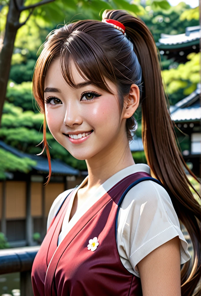 No sleeve, ponytail, Japanese Girls, 8K,  highest quality, masterpiece, Realistic, Photorealistic Super Detail, One Girl, cute, Best Smile, Beautiful Eyes, Long Hair, Perfect Face,Full Body Shot