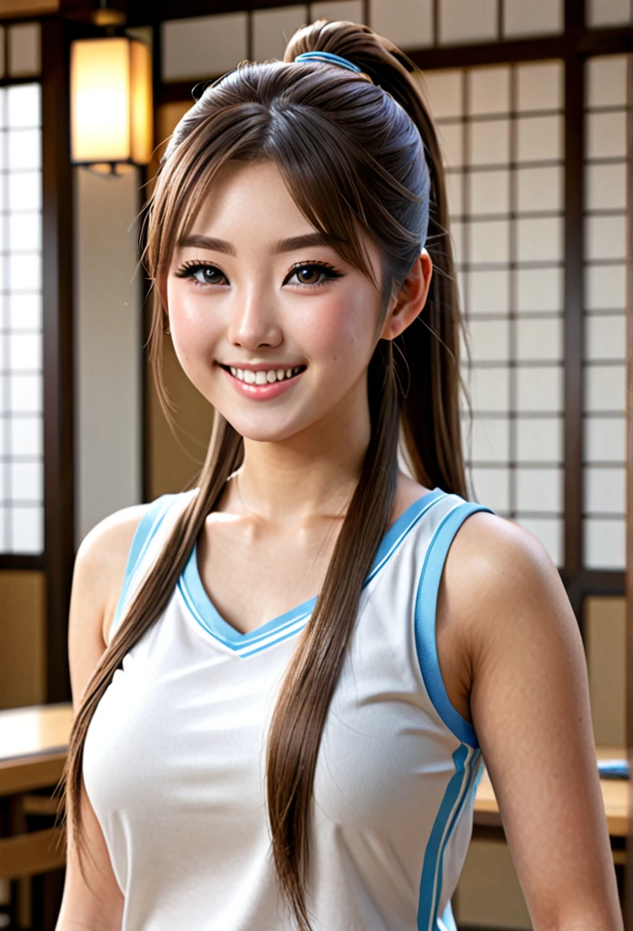 No sleeve, ponytail, Japanese Girls, 8K,  highest quality, masterpiece, Realistic, Photorealistic Super Detail, One Girl, cute, Best Smile, Beautiful Eyes, Long Hair, Perfect Face,Full Body Shot