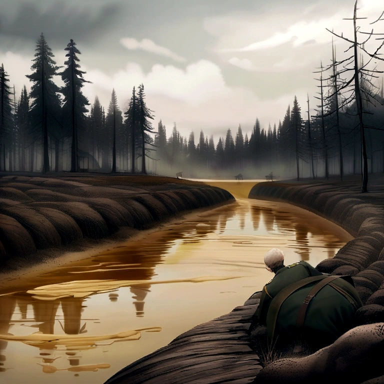 generates a scene of a trench from the first world war, with tanks from 1918 and a lot of mud and puddles of bloody water, mustard colored smoke, soldiers in first world war uniform with cadaverous appearance. burned trees, gray and cloudy environment.