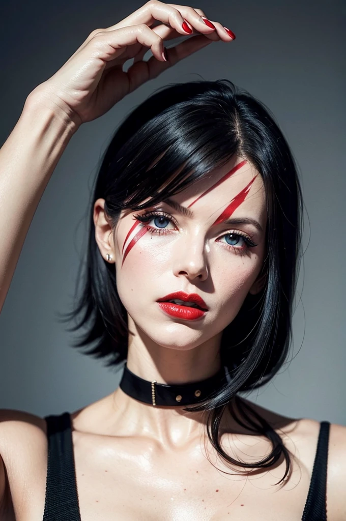 A WHITE WOMAN WITH BLACK HAIR AND FULL RED LIPS AMERICAN STYLE. OM BOWIE SMASHED IN HIS HANDS