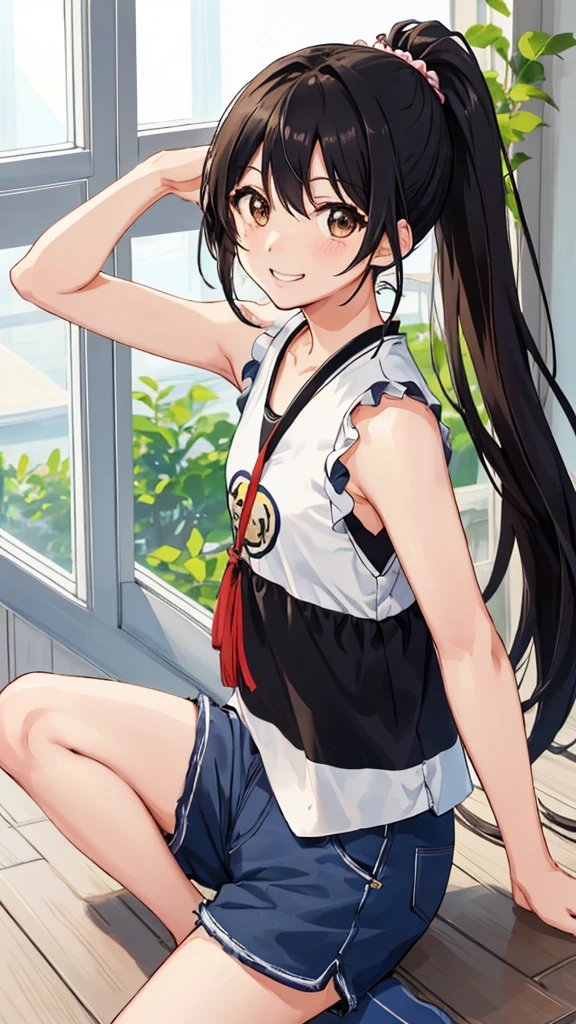 Highest quality、anime、solo、1 beautiful girl、Black Hair、Brown eyes、Wink、ponytail、Sleeveless、Shorts、summer、Smiling in the room