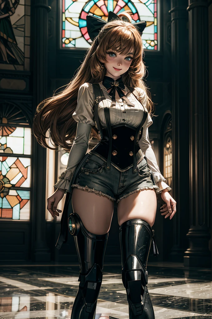 cowboy shot, dynamic pose, smile,  underbust, Penny Polendina, long hair, neck ribbon, suspender shorts, corset, black bow, white blouse, mechanical legs, neon trim, standing inside palace, marble floor, marble pillars, tall stained glass windows, BREAK gala, large crowd, (((crowd in military dress))), (volumetric lighting), intricate details, tonemapping, sharp focus, hyper detailed, 

