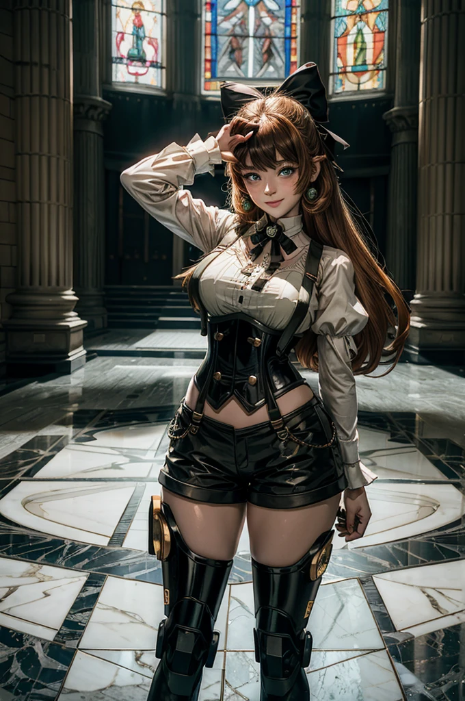 cowboy shot, dynamic pose, smile, underbust, Penny Polendina, long hair, neck ribbon, suspender shorts, corset, black bow, white blouse, mechanical legs, neon trim, standing inside palace, marble floor, marble pillars, tall stained glass windows, BREAK gala, large crowd, (((crowd in military dress))), (volumetric lighting), intricate details, tonemapping, sharp focus, hyper detailed,