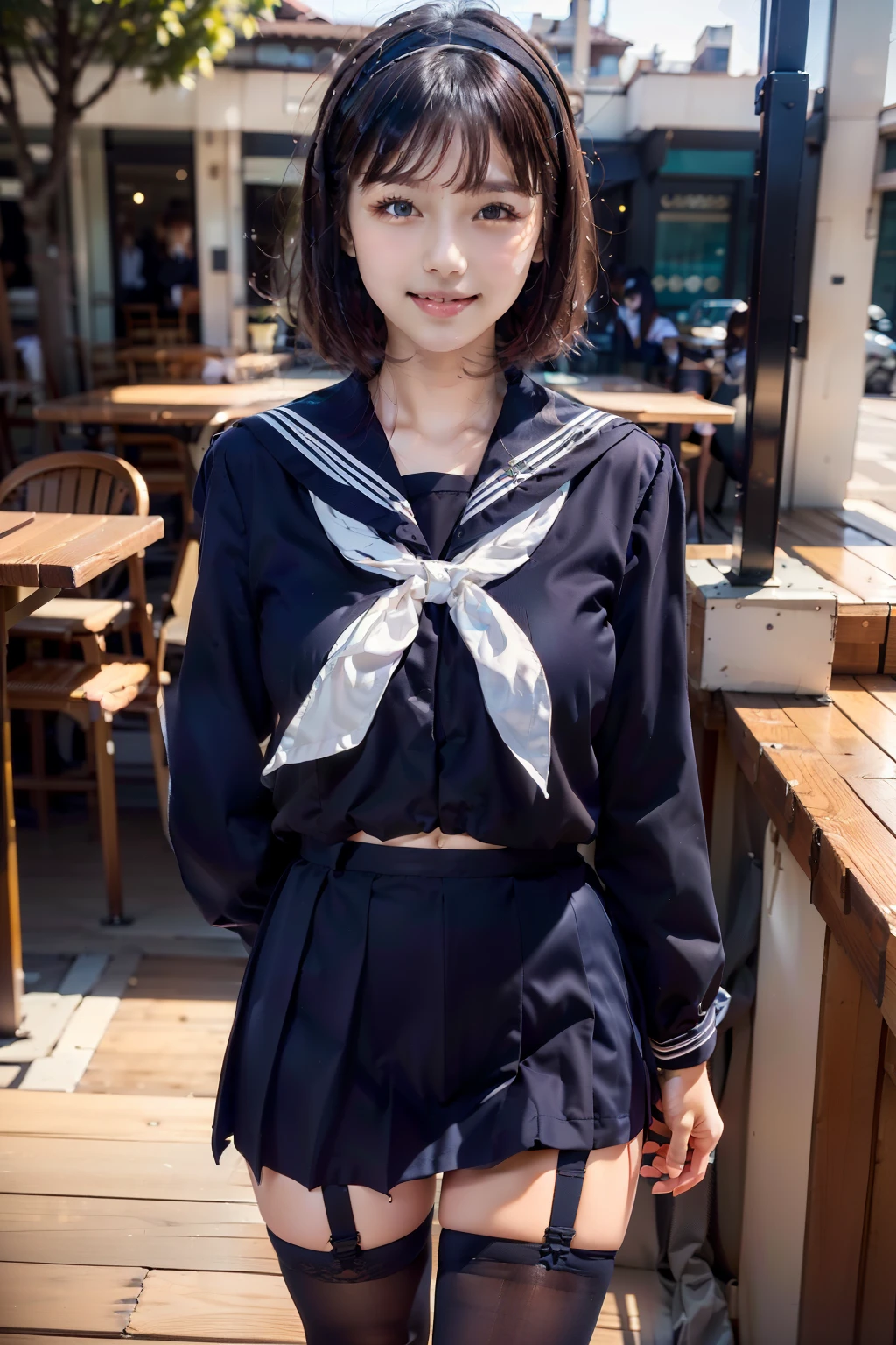 sailor uniform, One Woman, (Beautiful woman, delicate :1.3), Black Hair, bob cut, bangs, (8k), (highest quality: 1.2), (Realistic), (Realistic: 1.37), (masterpiece), (Ultra-high resolution), (RAW Photos), (Absolute Resolution), (face is small compared to body: 1.4), (Small face:１.4), balanced face, (Small Mouth: 1.4), (Slim female body: 1.4), (((long sleeve sailor uniform))), Realistic high school girl, (White headband:1.4), Small breasts, Slanted Eyes, Bright Blue Eyes, (Cafe on the open terrace), smile, Blurred, ((Full Body Shot)), (Black Stockings:1.4), Black garter belt, Three white lines on the collar of a sailor uniform, 