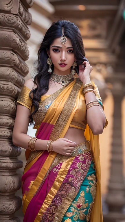 Woman in sari taking photo, indian goddess, traditional beauty, indian, beautiful goddess, elegant cosplay, indian style, indian super model, beautiful young woman, gorgeous woman, Southeast Asia that has existed for a long time, provocative indian, gorgeous beautiful woman, Intricate costume, Hindu Aesthetics, beautiful asian girl, Very detailed shooting of the goddess., jaw-dropping beauty, หน้าอกใหญ่ deep rift sexy navel, open chest, deep rift, sexy indian women, Fully sexy fusion bikini