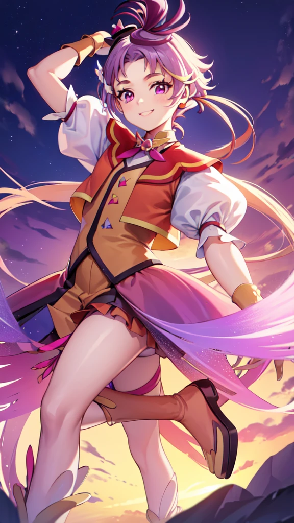 masterpiece, Highest quality, View your viewers, Depth of written boundary, Are standing, Cowboy Shot, 
One girl, Cure Majesty, Purple Hair, Both sides up, hair ornaments, Elbow hand pockets, Frilled High Socks,
smile, ((Gradient Background)), Lens flare,High heels