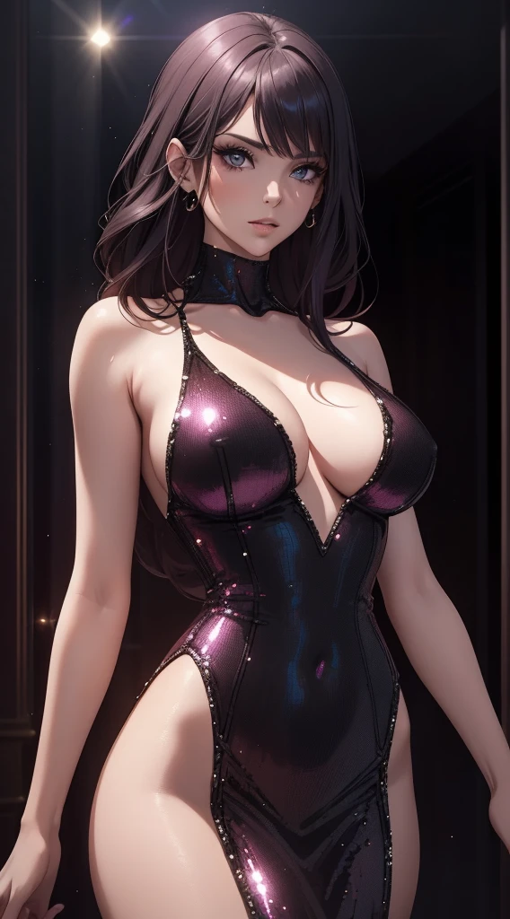 beautiful woman in a sexy sleeveless sequin dress, perfect breasts, cleavage, shiny, stylish, detailed portrait, photorealistic, high quality, cinematic lighting, dramatic colors, fashion photography, glamorous, elegant, alluring, seductive, captivating gaze, flawless skin, perfect facial features, long flowing hair, graceful pose, dramatic shadows, cinematic composition