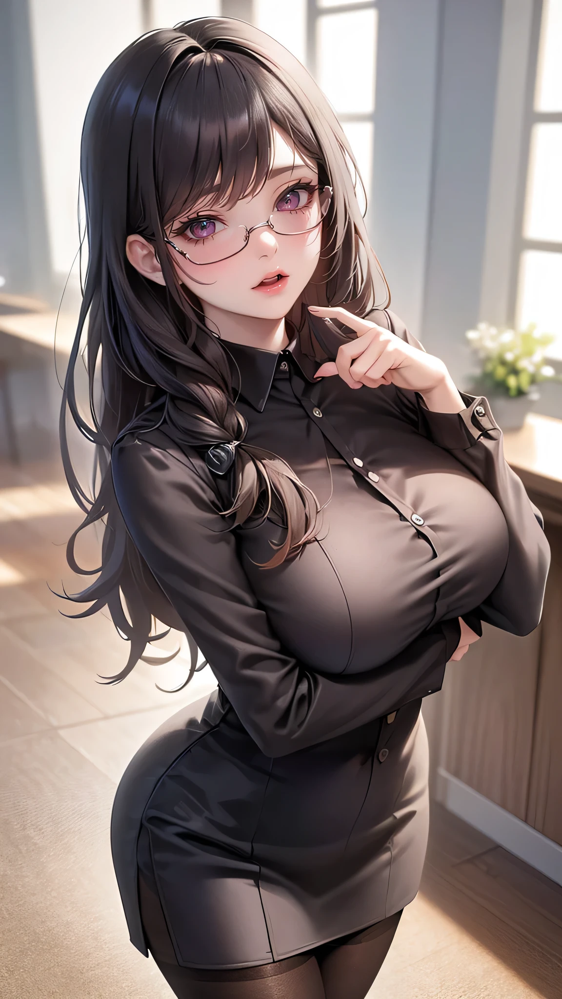 1woman,random office lady fashion,(Thin type),(large breasts),(random sexy pose),(random hairstyle),(Highest image quality,(8K), Ultra-realistic, Best Quality, High quality, High Definition, high quality texture, high detailing, Beautiful detailed, fine detailed, extremely details CG, Detailed texture, realistic representation of face, masterpiece, presence),(wearing glasses:1.2),black pantyhose