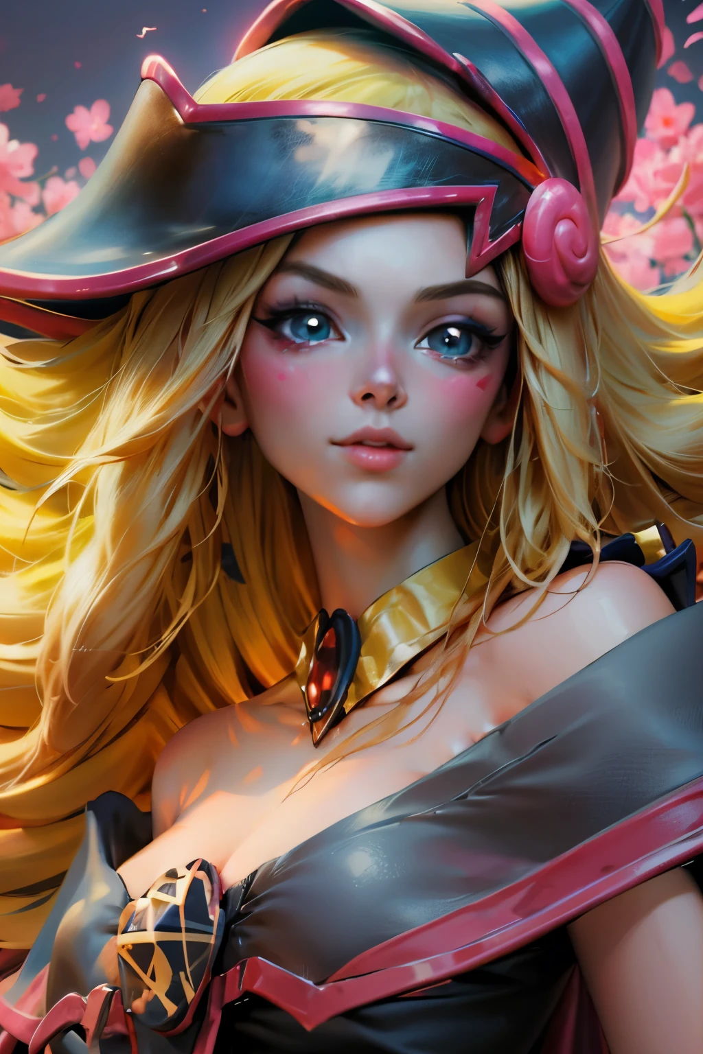 Shot of the beautiful face of dark wizard gils. Extra long eyelashes. blue eyes like crystal. brio in the eyes. pink lips. long blonde hair. exposed shoulders, angelic smile, beautiful well detailed face of the dark wizards gils. She is flirtatious with the viewer. Long and big eyelashes. Half body focus.