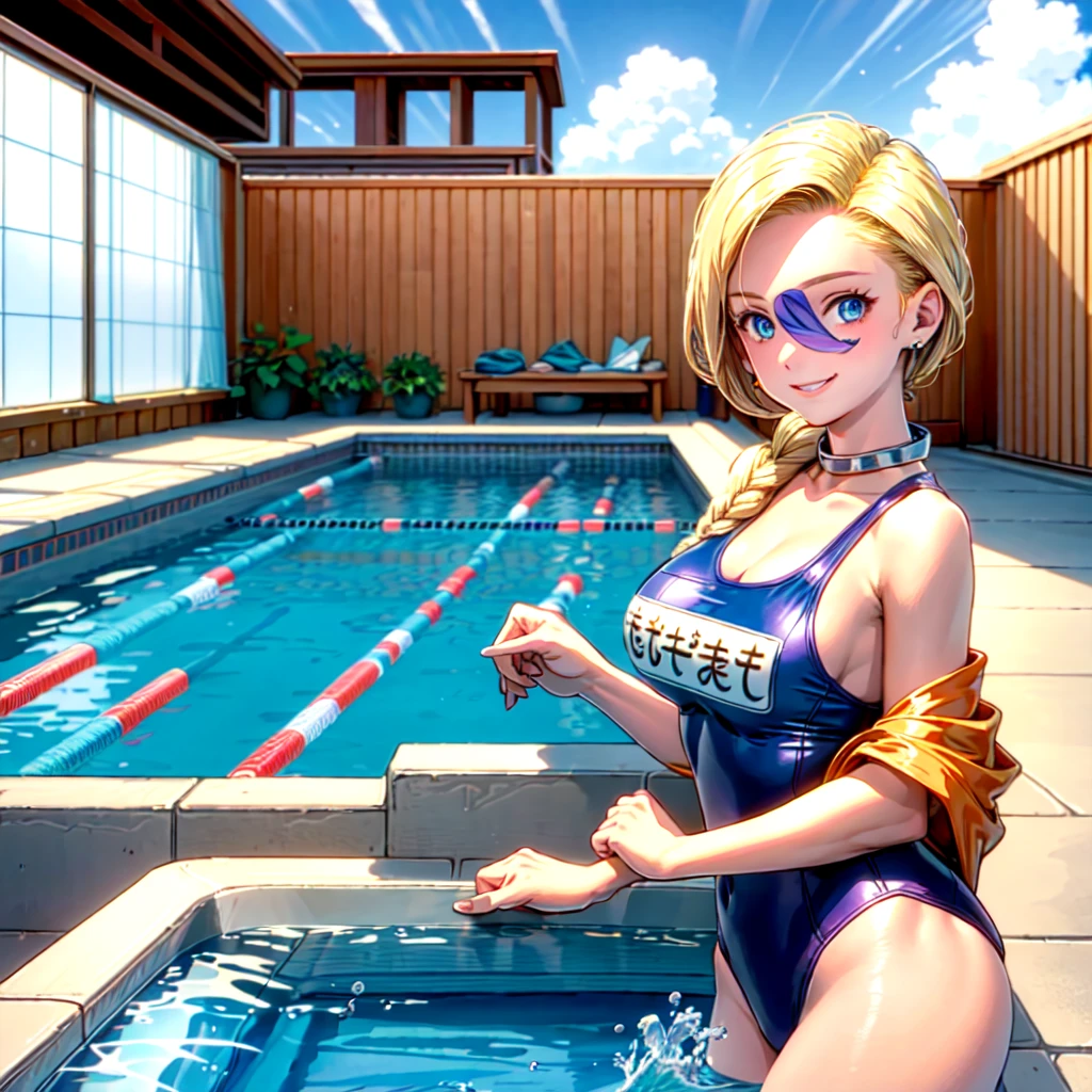 (masterpiece, highest quality:1.2), 1 girl, solo, 1 girl, Bianca, DQ5, illustration, anime style, long hair, blonde hair, single braid, over-the-shoulder hair, blue eyes, smiling, redcompetitive swimsuit, indoor pool, blue sky