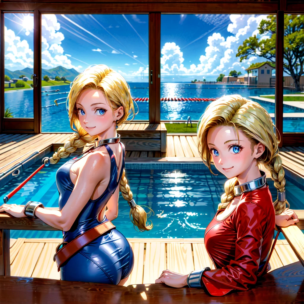 (masterpiece, highest quality:1.2), 1 girl, solo, 1 girl, Bianca, DQ5, illustration, anime style, long hair, blonde hair, single braid, over-the-shoulder hair, blue eyes, smiling, redcompetitive swimsuit, indoor pool, blue sky