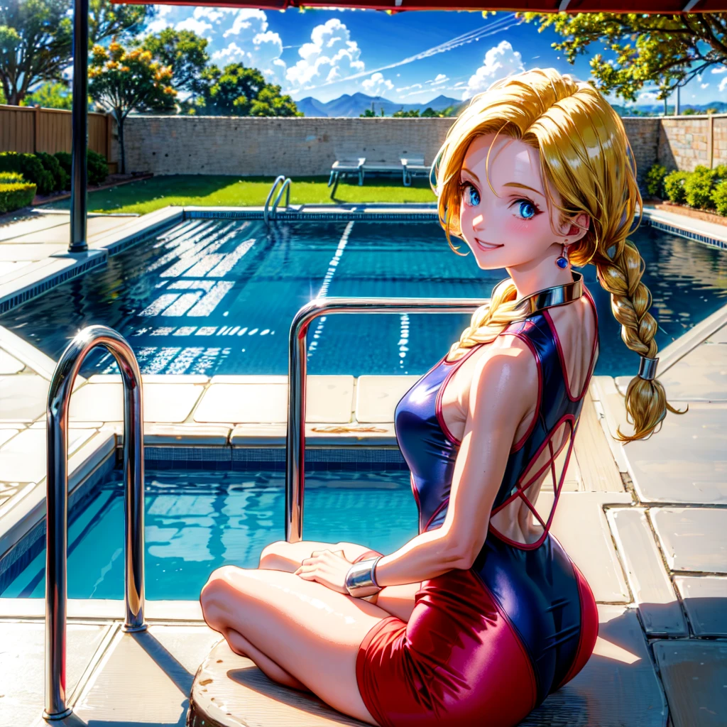 (masterpiece, highest quality:1.2), 1 girl, solo, 1 girl, Bianca, DQ5, illustration, anime style, long hair, blonde hair, single braid, over-the-shoulder hair, blue eyes, smiling, redcompetitive swimsuit, indoor pool, blue sky