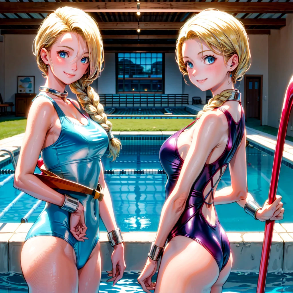 (masterpiece, highest quality:1.2), 1 girl, solo, 1 girl, Bianca, DQ5, illustration, anime style, long hair, blonde hair, single braid, over-the-shoulder hair, blue eyes, smiling, redcompetitive swimsuit, indoor pool, blue sky