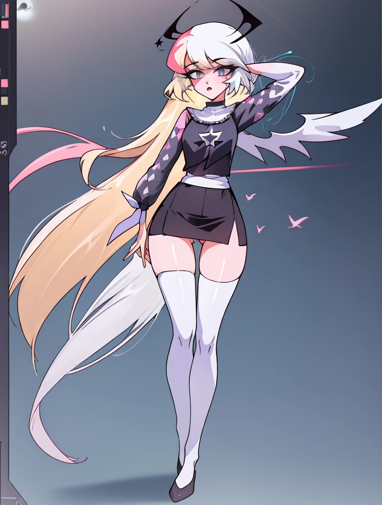 absurdres, (best quality: 1.0), (super high res: 1.0), extremely detailed character, 1girl, angel girl, ((black angel wings)), ((multiple sets of wings)), ((eyes on wings)), ((eyes in hair)), extremely long hair, ((white hair)), ((blonde inner hair)), extremely detailed eyes, grey eyes, ((full body)), standing, medieval, RPG, pearls, hypnotizing, vivid colors, dark colors, revealing clothes, ((mini skirt)), colorful pastel clothes, ((zettai ryouiki)), ((thigh gap))