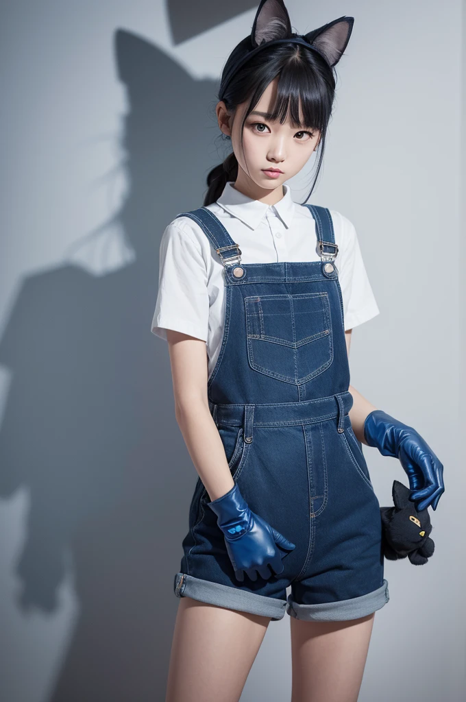 A blue cat wearing dark blue overalls and white gloves