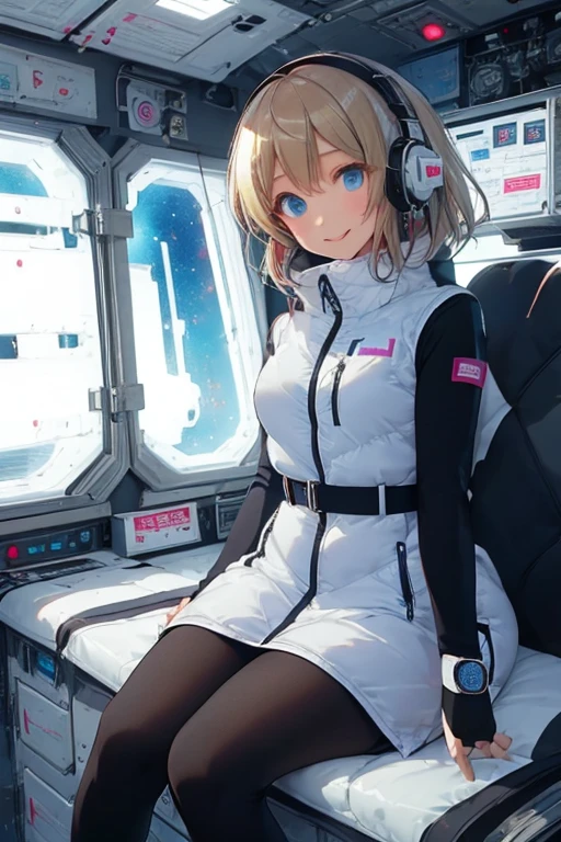 masterpiece, highest quality, high resolution, breasts, 20yo,1 girl,(solo):2,,blonde hair,(inside space station):2,flying:2,floatong:2,zero gravity,wind:1.5,anime lovelive style,
BREAK
headphone,(futurstic tight-fit bodysuit):2,(shiny silver long downvest):100,(northface silver metallic puffy downvest):2,(puffy):2,(black sleeves):5,(black tights):2,(black belt),futuristic boots and gloves,(smartwatch):100,astrovest
BREAK
1 girls, sitting in spacecraft cabin with 4-point seat belt, securely fastened, space station interior, looking out of large windows at Earth below, beautiful eyes, she have aluminum foil pouch,(aluminum foil pouch with plastic viewing window):2, contains nutritious liquid or puree together, smiling and chatting, bright and cheerful expressions, high quality cinematic lighting, detailed textures, sharp focus,blue hair,blue eyes,