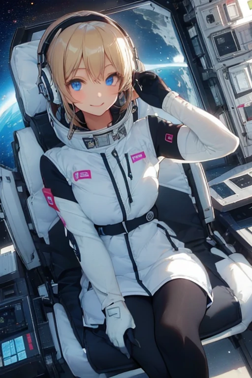 masterpiece, highest quality, high resolution, breasts, 20yo,1 girl,(solo):2,,blonde hair,(inside space station):2,flying:2,floatong:2,zero gravity,wind:1.5,anime lovelive style,
BREAK
headphone,(futurstic tight-fit bodysuit):2,(shiny silver long downvest):100,(northface silver metallic puffy downvest):2,(puffy):2,(black sleeves):5,(black tights):2,(black belt),futuristic boots and gloves,(smartwatch):100,astrovest
BREAK
1 girls, sitting in spacecraft cabin with 4-point seat belt, securely fastened, space station interior, looking out of large windows at Earth below, beautiful eyes, she have aluminum foil pouch,(aluminum foil pouch with plastic viewing window):2, contains nutritious liquid or puree together, smiling and chatting, bright and cheerful expressions, high quality cinematic lighting, detailed textures, sharp focus,blue hair,blue eyes,