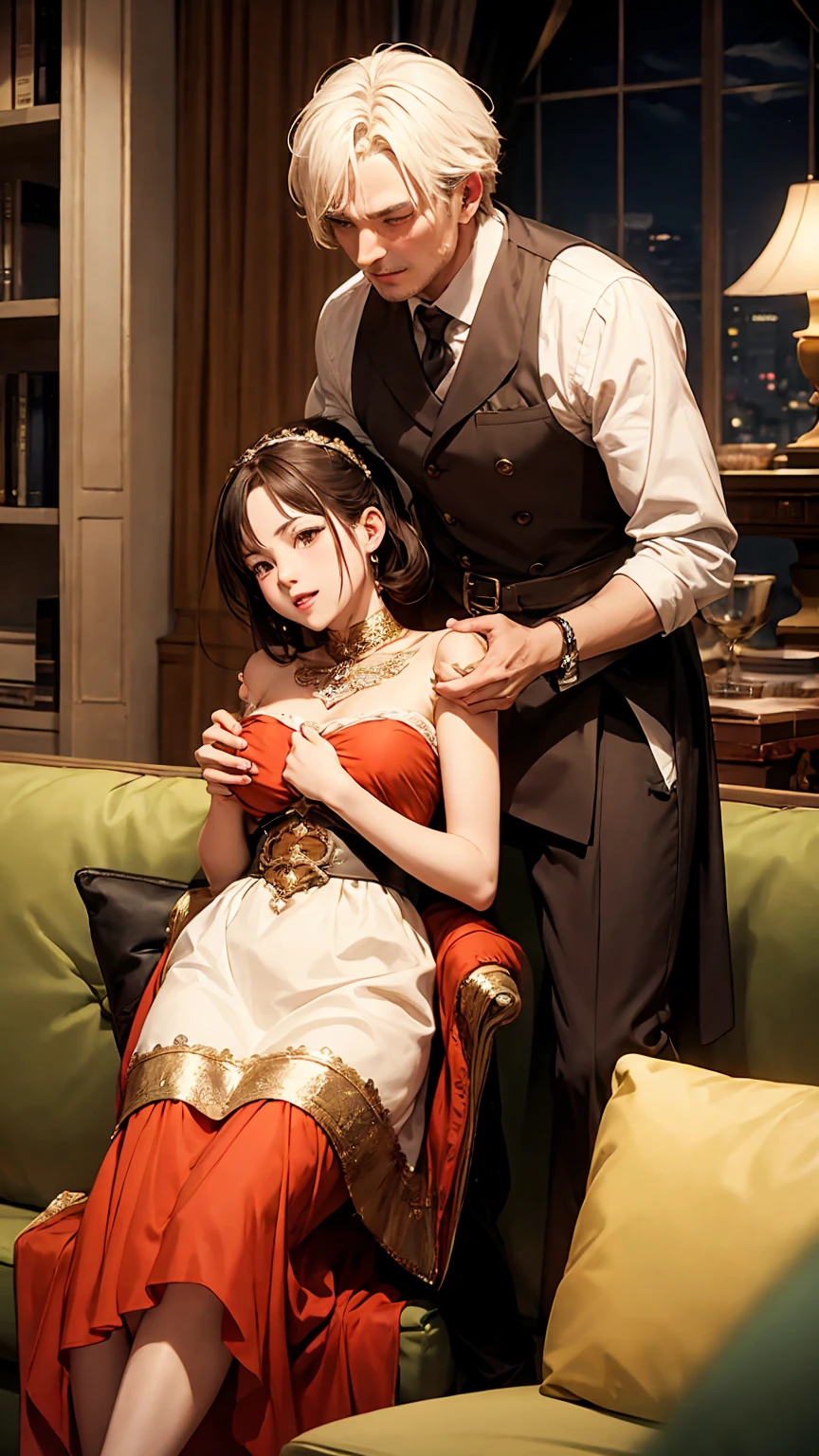 Highest quality、4K quality、Man sitting on sofa、Woman in ancient Roman costume riding man、A man hugs a woman&#39;s breasts、Man lays hands on woman&#39;between legs、thin、Small face、18-year-old、