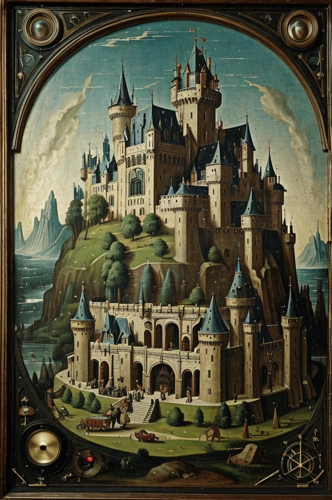 Very antique image of a big rack full of controls, gadgets, lights and wires and three men playing a synthesizer, with only one castle in the background, hieronymus bosch style, three men, big rack full of controls and wires, three men, masterpiece.