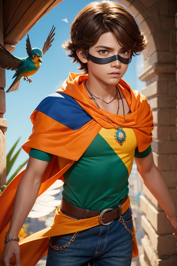 Um poster da série miraculous (Miraculous word brasil) 
Brown-haired boy with bird transformation with a cape and bird necklace around his neck and an orange mask. The scene must be in the distinctive digital art style of Miraculous, focusing on the characters&#39; expressions, VIBRANT COLORS AND DETAILED TEXTURES 