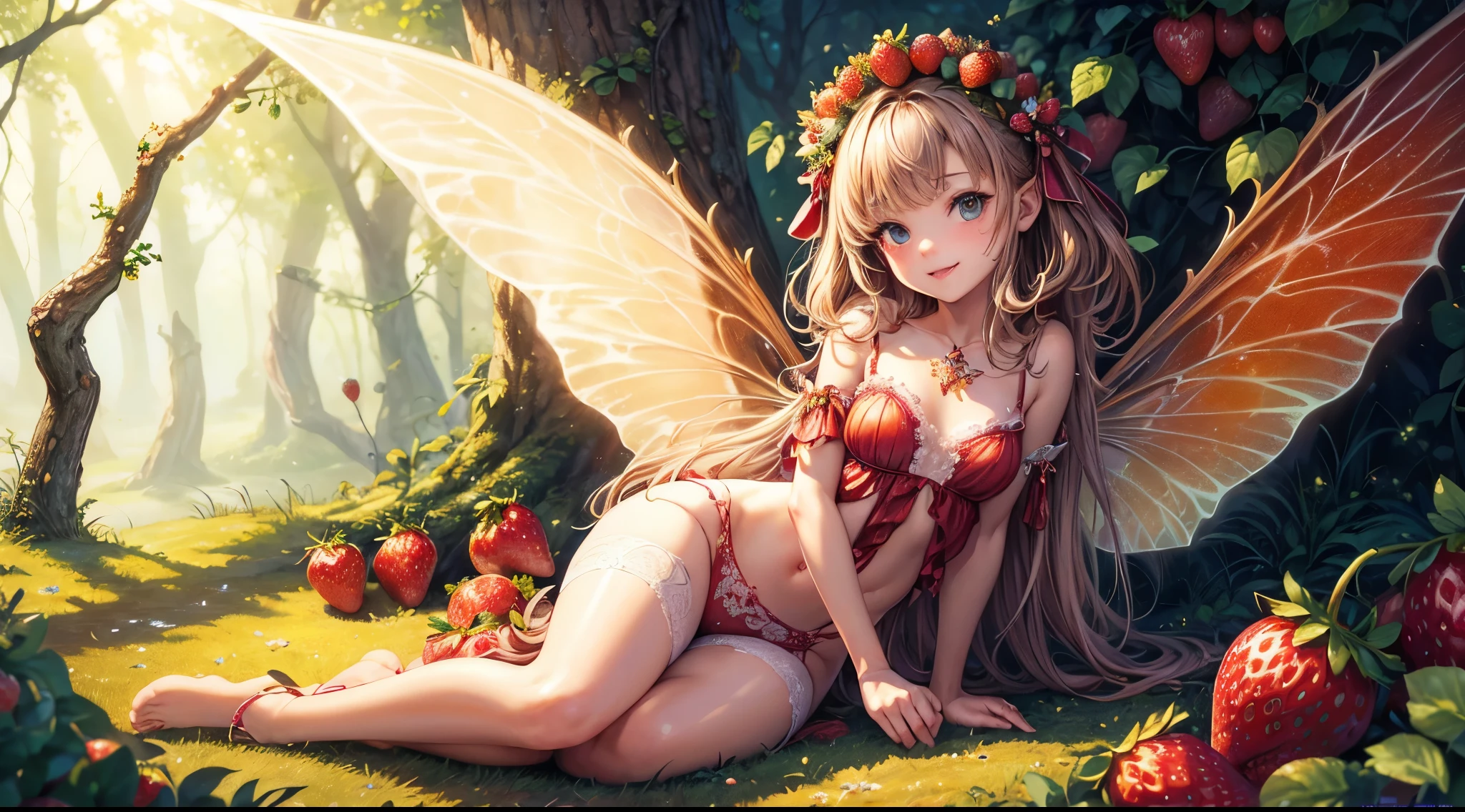( Absurd, High quality, ultra-detailed, masterpiece, concept art, smooth, highly detailed artwork, hyper-realistic painting ) , tiny , strawberry girl, Strawberries, cute, whole body, Romantic, Vivid, dreamy, fantasy, fairy wings, in the forest, enchanting glow, very detailed art, reveal clothes, sexy lace underwear, playful, mischievous, smile
