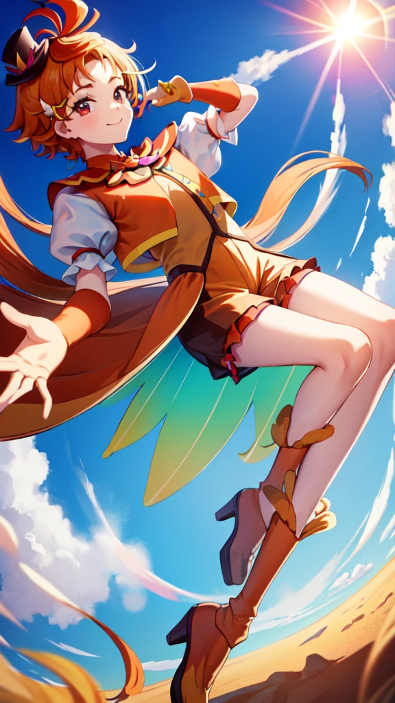 masterpiece, Highest quality, View your viewers, Depth of written boundary, Are standing, Cowboy Shot, , Orange Hair, Both sides up, hair ornaments, Elbow hand pockets, Frilled High Socks,
smile, ((Gradient Background)), Lens flare,High heels