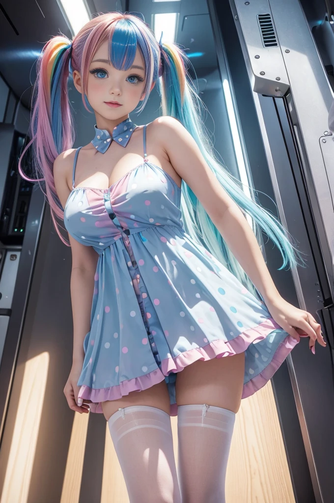 Cute redhead, gravure Idol, with rainbow colored hair tips, ribbons in her hair, 18-year-old woman, happy, in twin tails, perfect symmetrical eyes, clear sparkling blue eyes, pale skin, silky smooth skin, standing on a fancy luxurious space ship, large futuristic corridor, control panels, wood trim, decorative plants, warm lighting, wearing a futuristic party dress, pleated (chemise) mini dress (pastel rainbow colors, and polka dots), wearing full body pantyhose, cute short cut booties.
