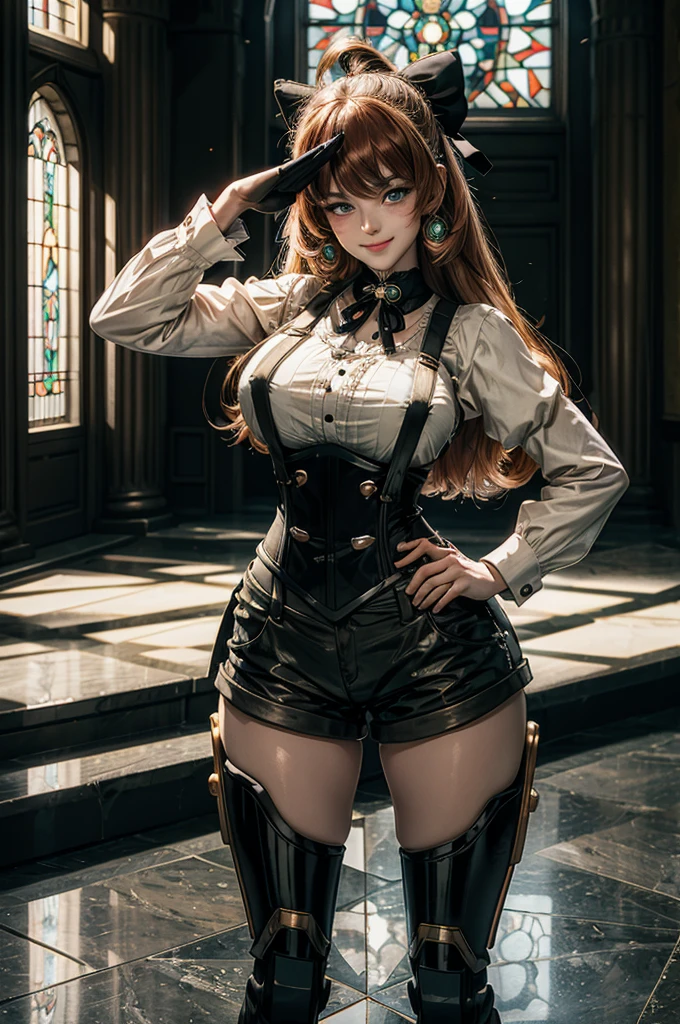 cowboy shot, dynamic pose, smile, underbust, Penny Polendina, long hair, neck ribbon, suspender shorts, corset, black bow, white blouse, mechanical legs, neon trim, standing inside palace, hand on hip, salute, marble floor, marble pillars, tall stained glass windows, BREAK gala, large crowd, (((crowd in military dress))), (volumetric lighting), intricate details, tonemapping, sharp focus, hyper detailed,