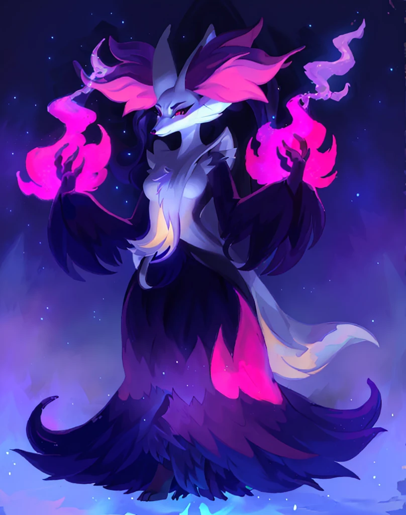 A closeup of a cartoon character with long hair, dark fox wizard, pira, Aura of darkness, painted in the arcane style, arcane art style, full portrait of elementalist, /!\ the sorceress, Glowing black aura, dark sorceress full view, evil aura, sorceress, Pokémon