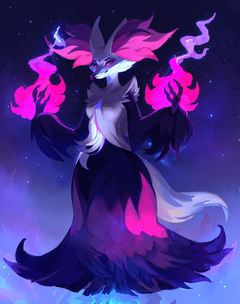 A closeup of a cartoon character with long hair, dark fox wizard, pira, Aura of darkness, painted in the arcane style, arcane art style, full portrait of elementalist, /!\ the sorceress, Glowing black aura, dark sorceress full view, evil aura, sorceress, Pokémon