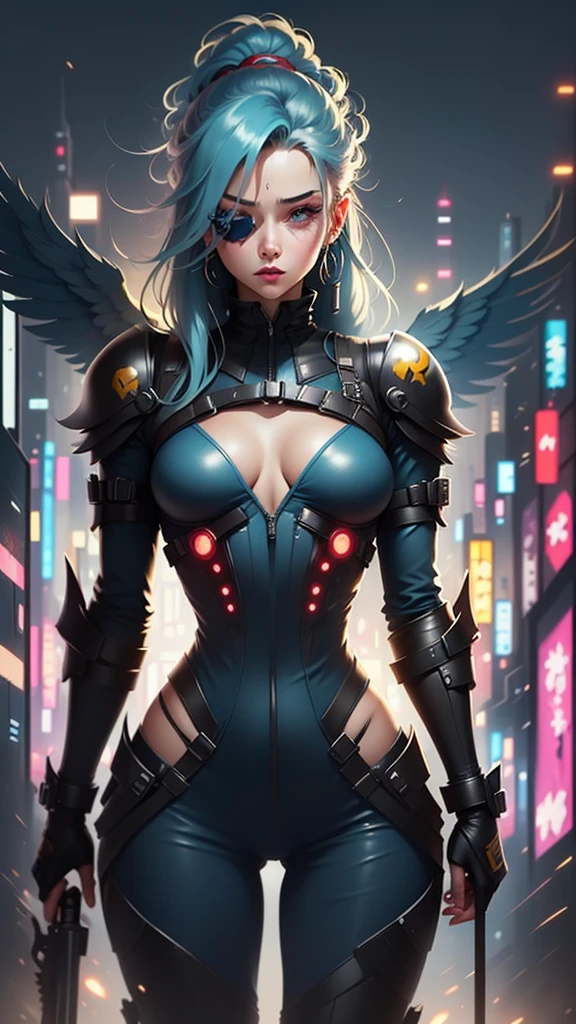 female android, mechangel,wings, solo, armor, halo, building, mechanical wings, holding polearm, ,(masterpiece:1.2), ultra detailed, best quality, (neo tokyo:1.3),,blindfold,