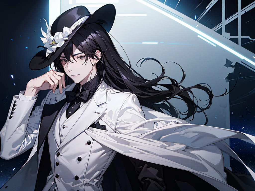 a man, with black hair, wearing a white hat, white suit and black shirt and white tie, a time lord, he is handsome, half body smile facing the camera, kerenn🔥